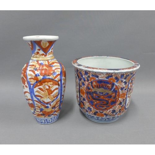 90 - Imari jardiniere planter, 16cm,  and a baluster vase (drilled for use as a table lamp) , (2)