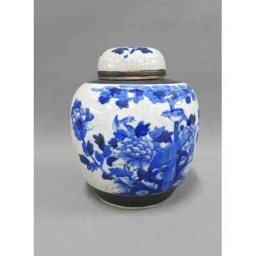 98 - Provincial Chinese bleu and white ginger jar and cover with brown incised rims, 20cm