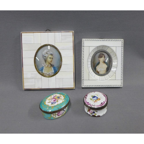 387 - Two 18th century enamel patch boxes,  5cm long (a/f) and two faux ivory framed portrait miniature pr... 