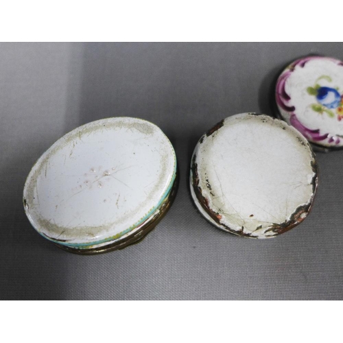 387 - Two 18th century enamel patch boxes,  5cm long (a/f) and two faux ivory framed portrait miniature pr... 