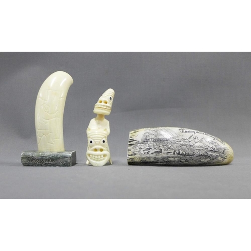 388 - Two marine ivory carvings and a replica Scrimshaw, 15cm long (3)