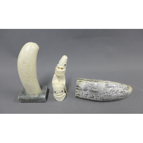 388 - Two marine ivory carvings and a replica Scrimshaw, 15cm long (3)