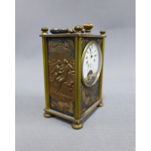 391 - Early 20th century French brass and bronze cased timepiece, enamel dial with Roman numerals,10cm inc... 