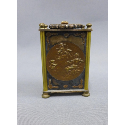 391 - Early 20th century French brass and bronze cased timepiece, enamel dial with Roman numerals,10cm inc... 