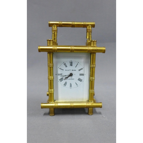 393 - Elliot and Son brass 'bamboo' cased carriage timepiece, 11cm including handle