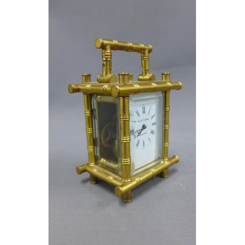 393 - Elliot and Son brass 'bamboo' cased carriage timepiece, 11cm including handle