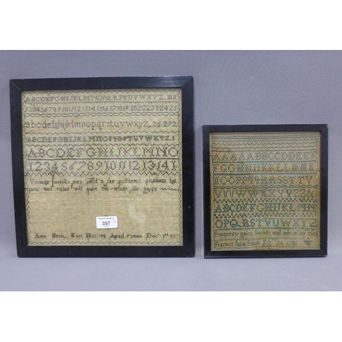 397 - 18th century alphabet sampler, worked by Frances Julia Smith, Feb 24th 1785, 20 x 21cm, together wit... 