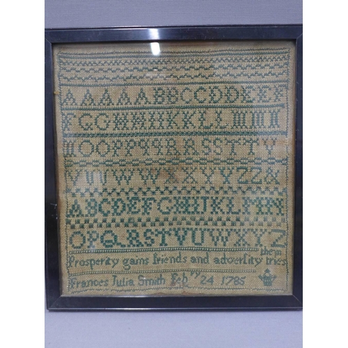 397 - 18th century alphabet sampler, worked by Frances Julia Smith, Feb 24th 1785, 20 x 21cm, together wit... 