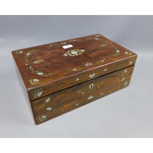 399 - 19th century rosewood veneered writing box with brass and abalone inlaid decoration, 40 x 24cm