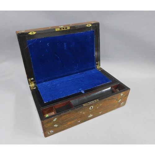 399 - 19th century rosewood veneered writing box with brass and abalone inlaid decoration, 40 x 24cm