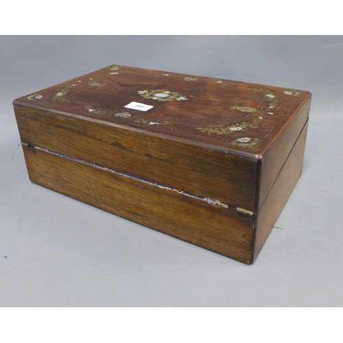 399 - 19th century rosewood veneered writing box with brass and abalone inlaid decoration, 40 x 24cm