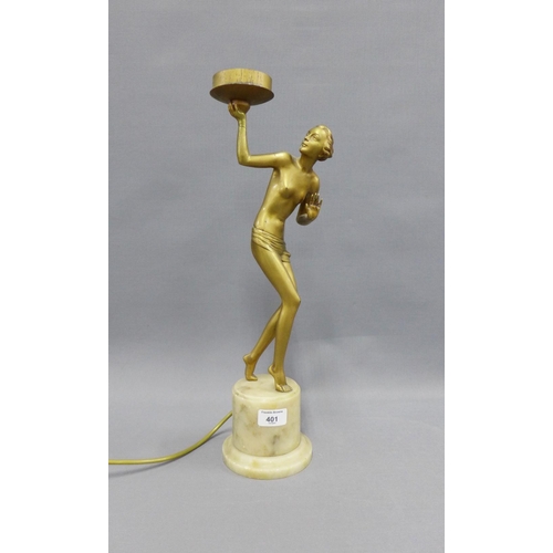 401 - Art Deco figural table lamp on a cylindrical white hardstone base, 50cm