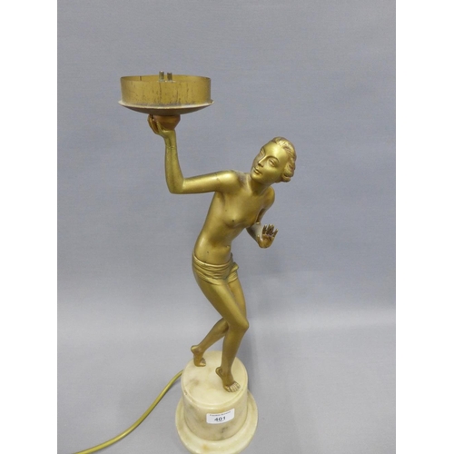 401 - Art Deco figural table lamp on a cylindrical white hardstone base, 50cm