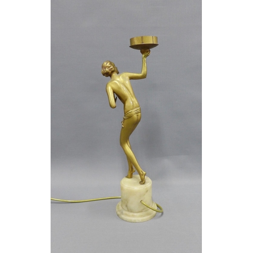 401 - Art Deco figural table lamp on a cylindrical white hardstone base, 50cm