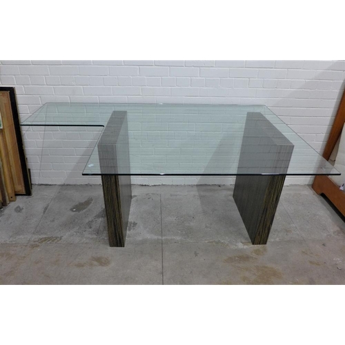 407 - Contemporary glass topped desk / table with faux zebra wood platform legs 174 x 78 x 110cm