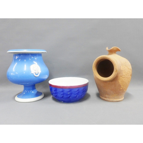 412 - Mixed lot to include a blue and white glazed pottery urn vase, blue glazed bowl and a terracotta cro... 