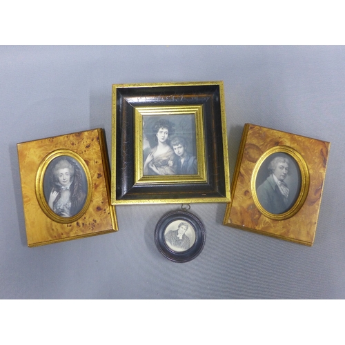 416 - A collection of portrait miniature prints, two with walnut frames and a circular example, etc larges... 