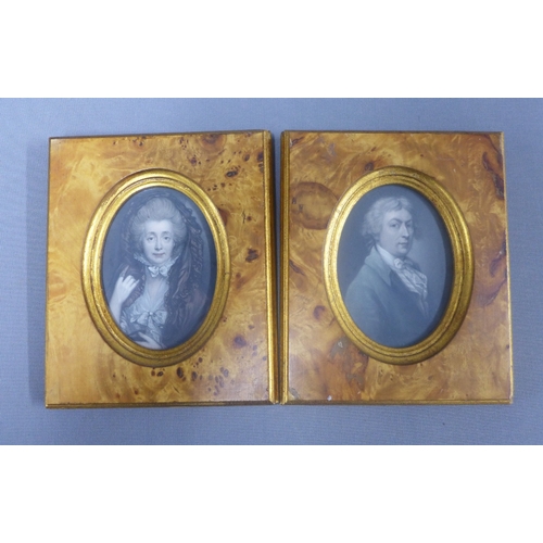 416 - A collection of portrait miniature prints, two with walnut frames and a circular example, etc larges... 