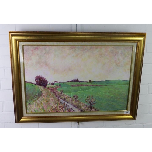 100 - Gay Grossart (SCOTTISH) 'Frosty Fields, Whitekirk Church and Tythe Barn', oil on canvas, signed and ... 