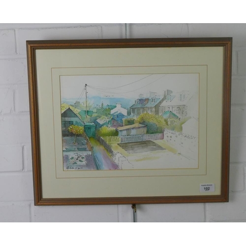 102 - Philip Hutton, an ink and watercolour of back gardens, signed and dated '03,  framed under glass, 34... 