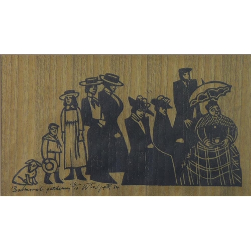 112 - Willie Rodger RSA RGI (SCOTTISH 1930 - 2018), 'Balmoral Gathering' woodblock print, entitled, signed... 