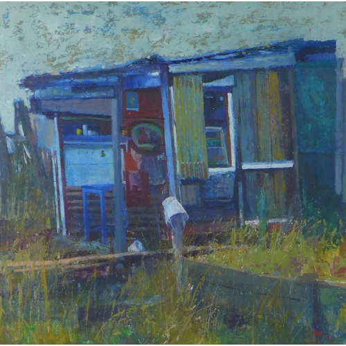 115 - William Birnie  RSW, RGI, PAI (SCOTTISH 1929-2006) 'Allotments X' oil  on board, signed and framed u... 