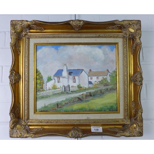 118 - 20th century school, oil on board of a cottage, apparently unsigned, in an ornate frame, 29 x 25cm