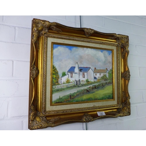 118 - 20th century school, oil on board of a cottage, apparently unsigned, in an ornate frame, 29 x 25cm