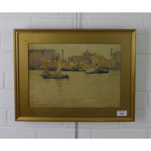 119 - Biddy Macdonald Jamieson,  fl.1895-1938, 'River Thames - London', watercolour, signed, framed under ... 