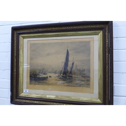 120 - W. L Wyllie, (1851-1931) Sailing Vessels on the Thames, etched print, under glass in an ornate frame... 