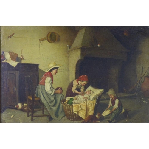 124 - Interior scene with a mother and children, oil, unsigned, framed, 38 x 25cm