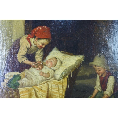 124 - Interior scene with a mother and children, oil, unsigned, framed, 38 x 25cm