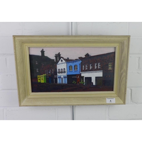 4 - D. Cooper, a street scene with white and blue houses, mixed media, signed and framed under glass, 34... 