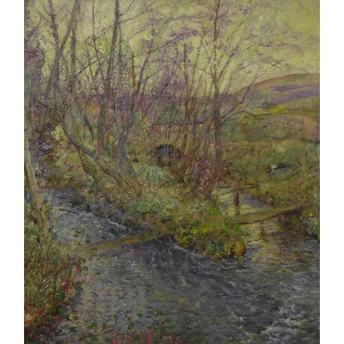 61 - 20th Century School, a large oil on canvas of a forked river with alone figure on the riverbank, app... 