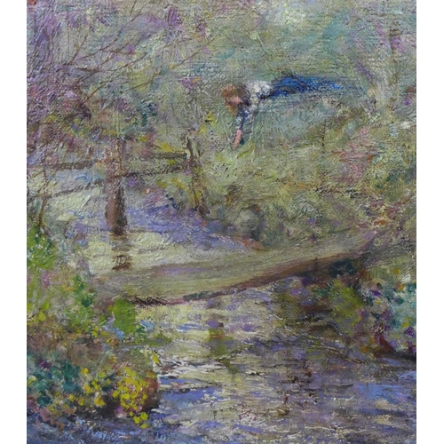 61 - 20th Century School, a large oil on canvas of a forked river with alone figure on the riverbank, app... 