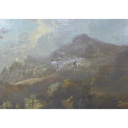 65 - 19th century oil on canvas of a man and boy sat on the riverbank with mountains in the distance, app... 