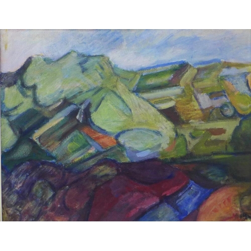 66 - Mid Century oil on board landscape, signed indistinctly and dated '64, framed, 70 x 55cm