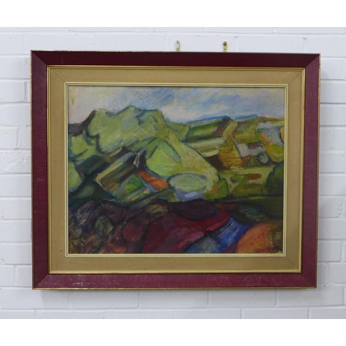 66 - Mid Century oil on board landscape, signed indistinctly and dated '64, framed, 70 x 55cm