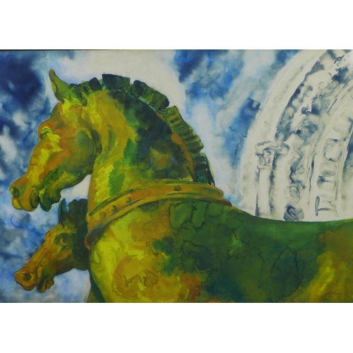 76 - D. Wade, Roman style chariot horses, watercolour, signed and framed under glass, 77 x 45cm