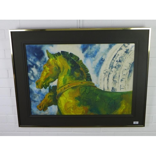 76 - D. Wade, Roman style chariot horses, watercolour, signed and framed under glass, 77 x 45cm