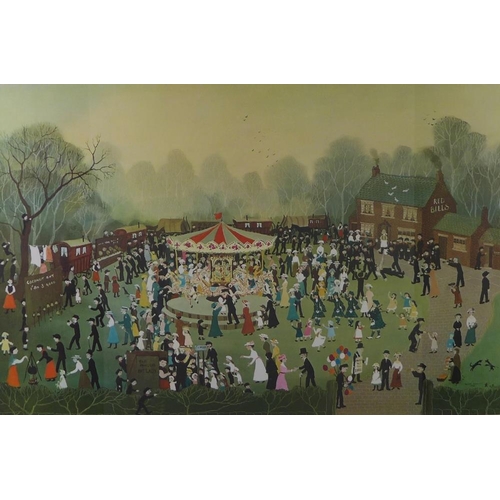 77 - 'The Fair at Daisy Nook', a coloured Helen Bradley print,in a glazed frame, size overall 97 x 73cm