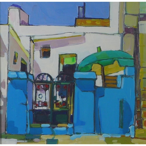 93 - WITHDRAWN
Contemporary School, 'Blue Wall: Rhodes' oil on board, signed indistcintly and framed unde... 