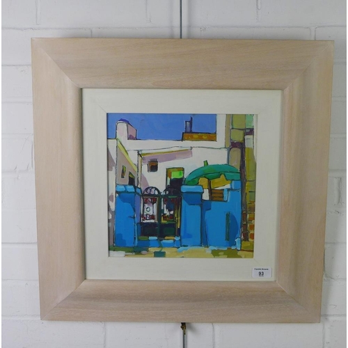 93 - WITHDRAWN
Contemporary School, 'Blue Wall: Rhodes' oil on board, signed indistcintly and framed unde... 