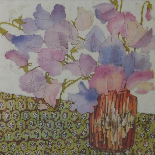 95 - Jane Hickman, still life vase of flowers, painting on textile, signed in pencil and framed under gla... 