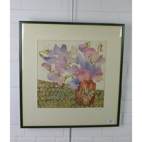 95 - Jane Hickman, still life vase of flowers, painting on textile, signed in pencil and framed under gla... 