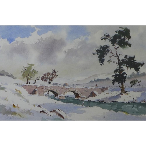 96 - Watercolour of a bridge over a river in winter, framed under glass, 47 x 32cm