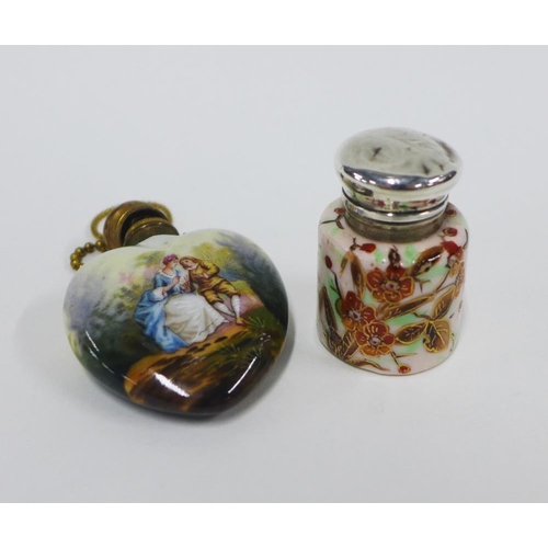 12 - Two scent bottles to include a porcelain heart shaped bottle, painted with figures and a small porce... 