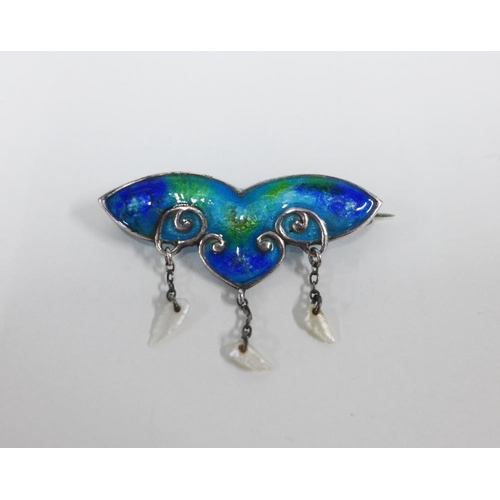 13 - An Art Nouveau style blue and green enamel brooch with three pearl drops, indistinct impressed maker... 