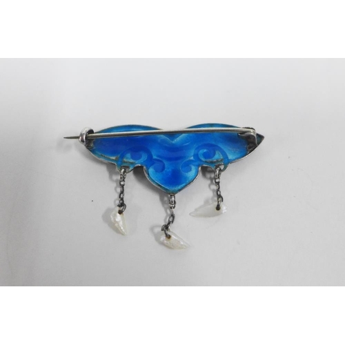 13 - An Art Nouveau style blue and green enamel brooch with three pearl drops, indistinct impressed maker... 