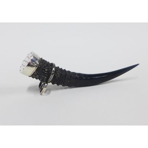 28 - Horn snuff / pepper mull with pierced white metal end and mounts, 13cm long